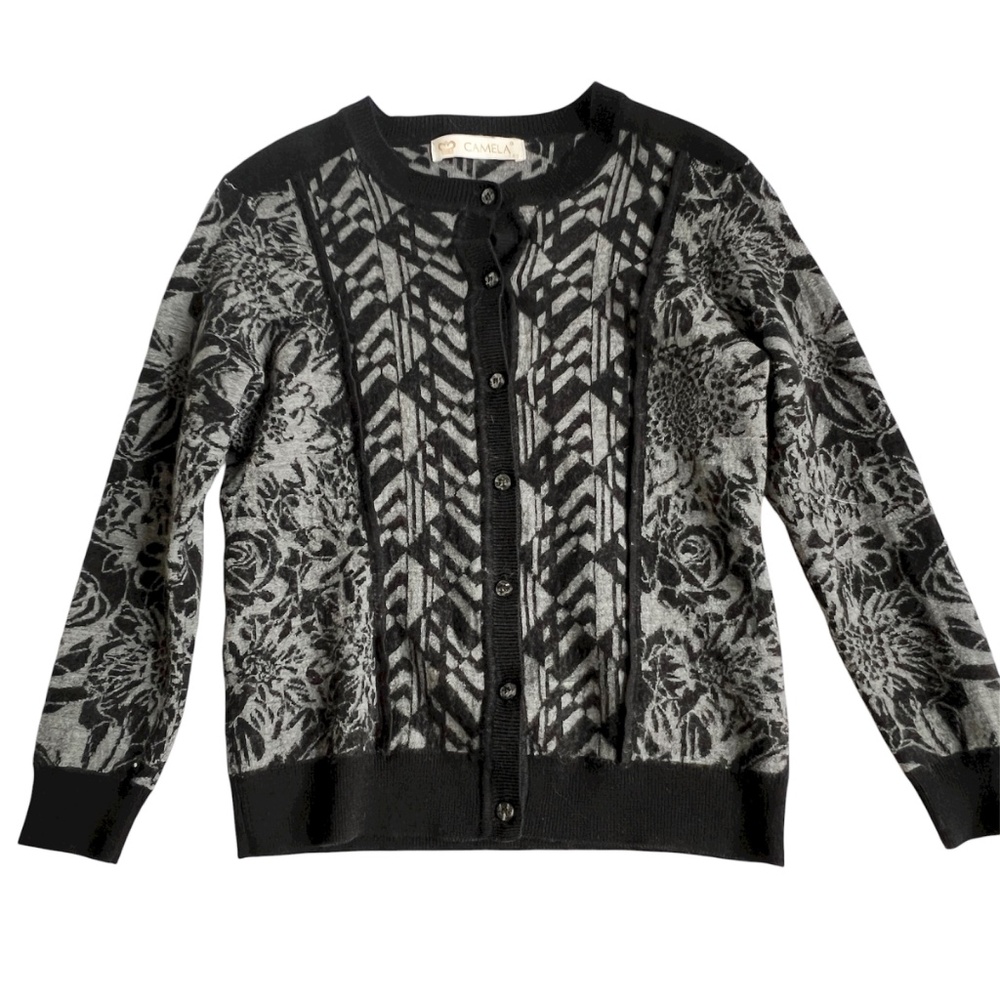 Vintage Camela Sweater Button up Size 40 Black Gray Floral Merino Wool Blend